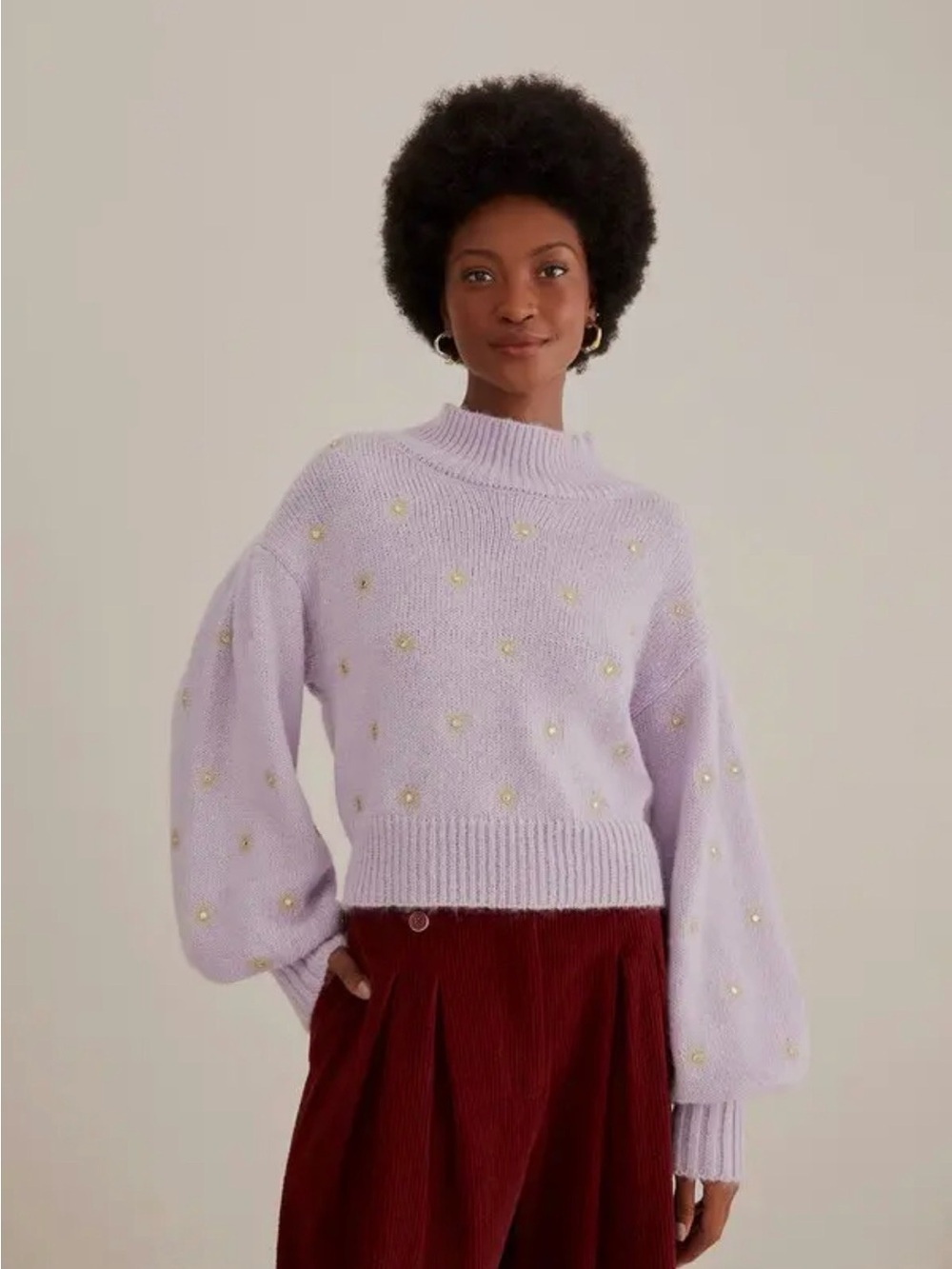 FARM Rio Mirror Embroidered Mockneck Puff Sleeve Crop Sweater Purple Medium $250